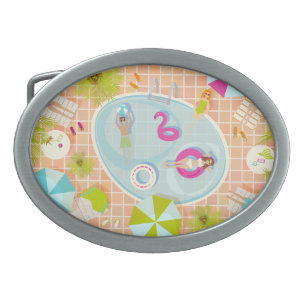 Bikini girls and guys playing swimming pool game belt buckle