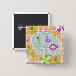Bikini girls and guys playing swimming pool game button