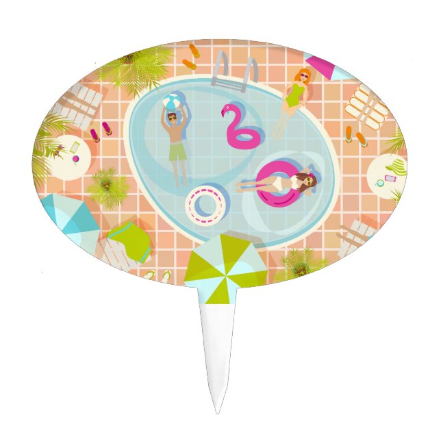 Bikini girls and guys playing swimming pool game cake topper (Front)