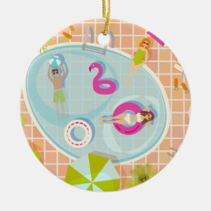 Bikini girls and guys playing swimming pool game ceramic ornament