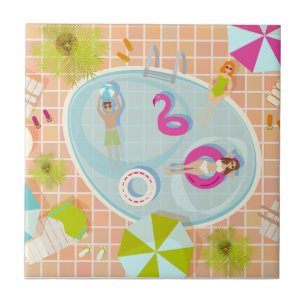 Bikini girls and guys playing swimming pool game ceramic tile