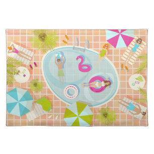 Bikini girls and guys playing swimming pool game cloth placemat