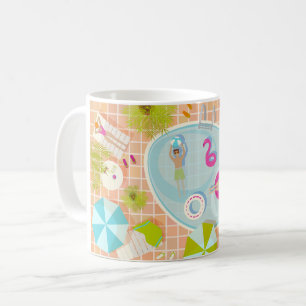 Bikini girls and guys playing swimming pool game coffee mug