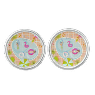 Bikini girls and guys playing swimming pool game cufflinks