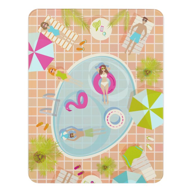 Bikini girls and guys playing swimming pool game door sign (Contemporary Vert)