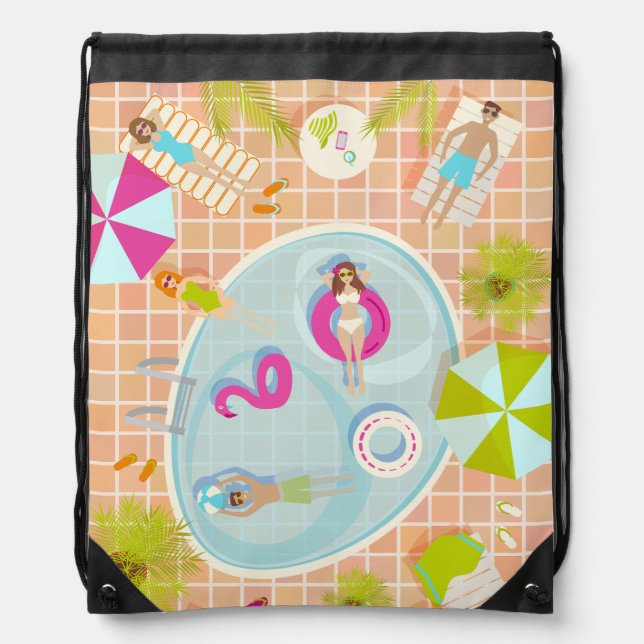 Bikini girls and guys playing swimming pool game drawstring bag (Front)