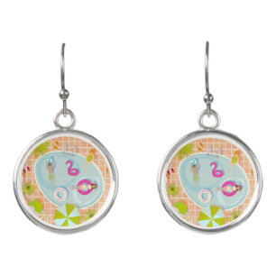 Bikini girls and guys playing swimming pool game earrings