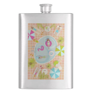 Bikini girls and guys playing swimming pool game flask
