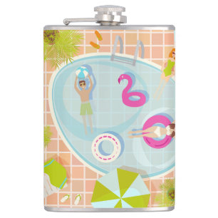 Bikini girls and guys playing swimming pool game flask