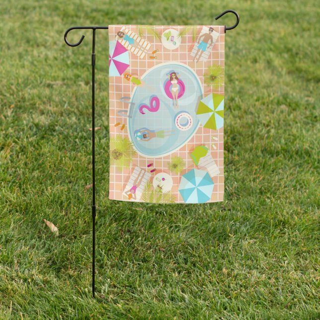 Bikini girls and guys playing swimming pool game garden flag (In SItu)