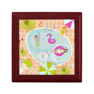 Bikini girls and guys playing swimming pool game gift box