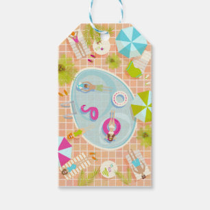 Bikini girls and guys playing swimming pool game gift tags