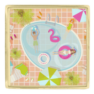 Bikini girls and guys playing swimming pool game gold finish lapel pin