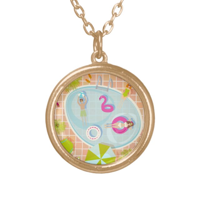 Bikini girls and guys playing swimming pool game gold plated necklace (Front)
