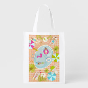 Bikini girls and guys playing swimming pool game grocery bag