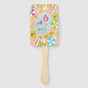 Bikini girls and guys playing swimming pool game hand fan