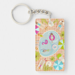 Bikini girls and guys playing swimming pool game keychain