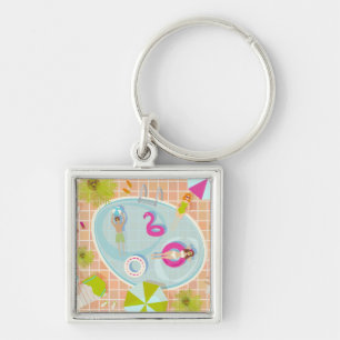Bikini girls and guys playing swimming pool game keychain