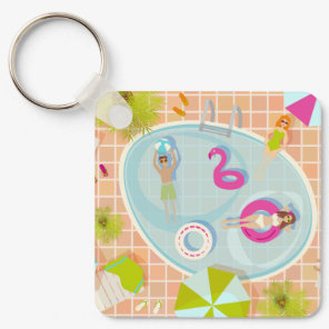 Bikini girls and guys playing swimming pool game keychain