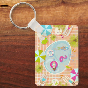 Bikini girls and guys playing swimming pool game keychain