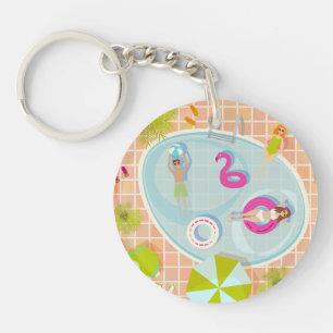 Bikini girls and guys playing swimming pool game keychain