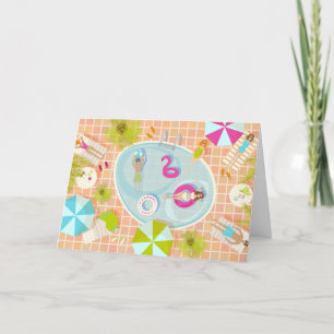 Bikini girls and guys playing swimming pool game letterpress thank you card