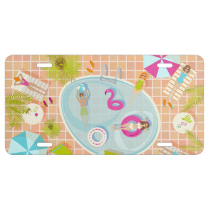 Bikini girls and guys playing swimming pool game license plate