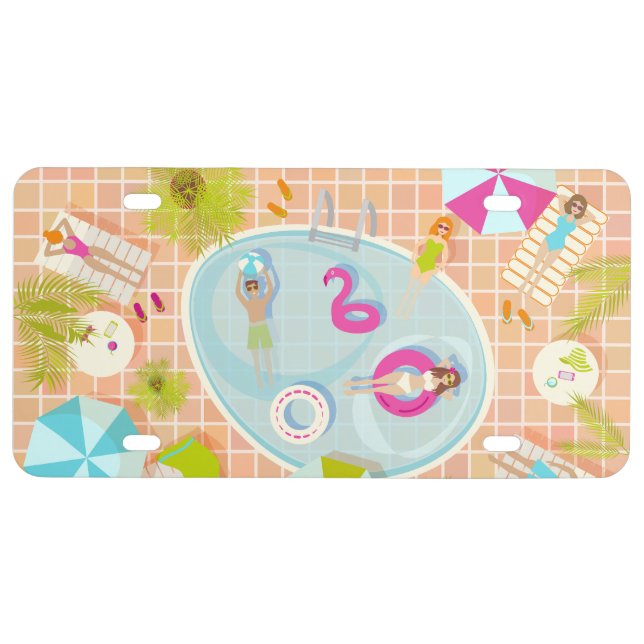 Bikini girls and guys playing swimming pool game license plate (Front)