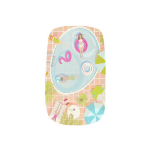 Bikini girls and guys playing swimming pool game minx nail art