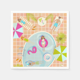 Bikini girls and guys playing swimming pool game napkins