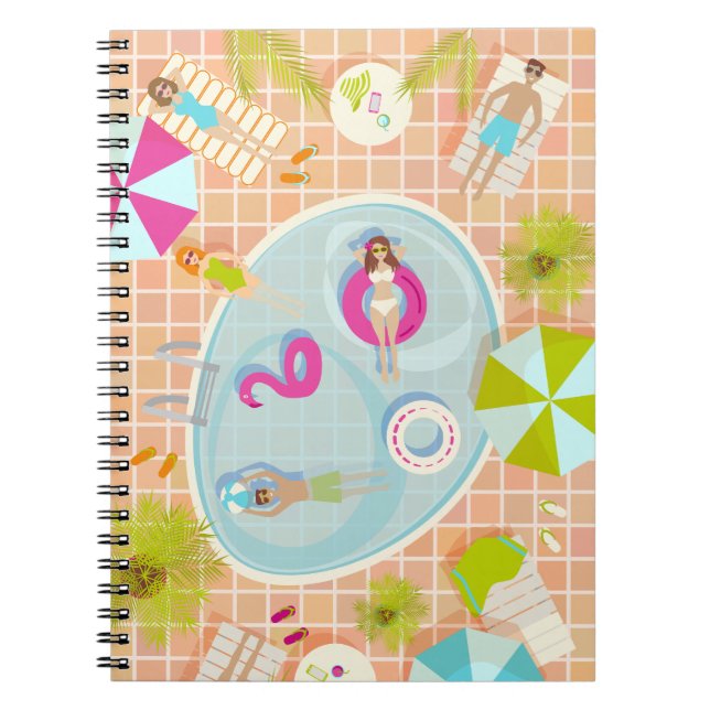 Bikini girls and guys playing swimming pool game notebook (Front)