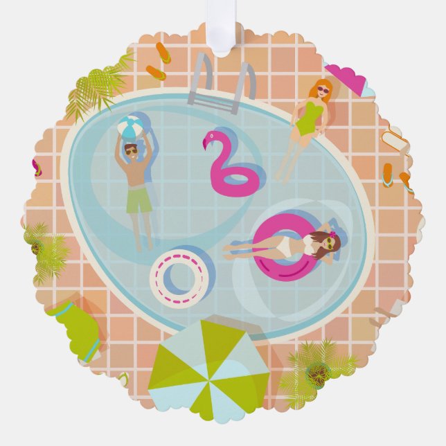 Bikini girls and guys playing swimming pool game ornament card (Front)