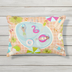 Bikini girls and guys playing swimming pool game outdoor pillow