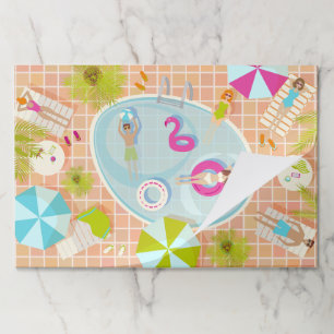 Bikini girls and guys playing swimming pool game paper pad