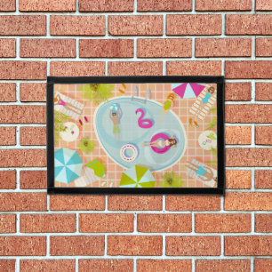 Bikini girls and guys playing swimming pool game pennant