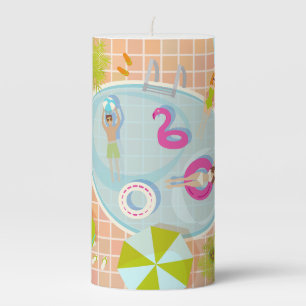 Bikini girls and guys playing swimming pool game pillar candle