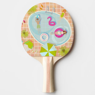 Bikini girls and guys playing swimming pool game ping pong paddle