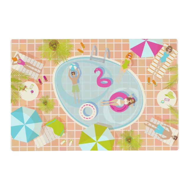 Bikini girls and guys playing swimming pool game placemat (Front)