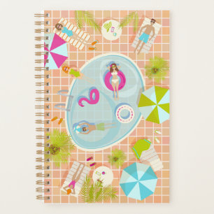 Bikini girls and guys playing swimming pool game planner