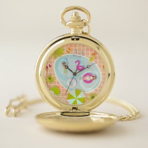 Bikini girls and guys playing swimming pool game pocket watch
