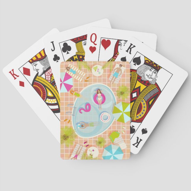 Bikini girls and guys playing swimming pool game poker cards (Back)