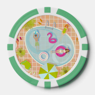 Bikini girls and guys playing swimming pool game poker chips