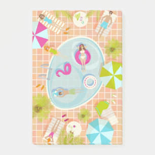 Bikini girls and guys playing swimming pool game post-it notes