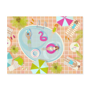 Bikini girls and guys playing swimming pool game postcard