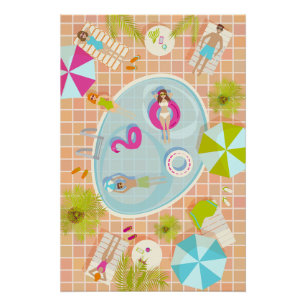 Bikini girls and guys playing swimming pool game poster