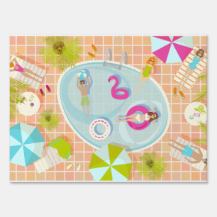 Bikini girls and guys playing swimming pool game sign