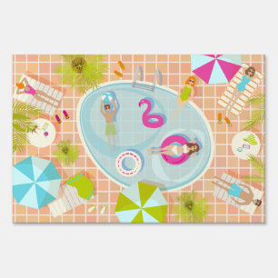 Bikini girls and guys playing swimming pool game sign