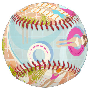 Bikini girls and guys playing swimming pool game softball