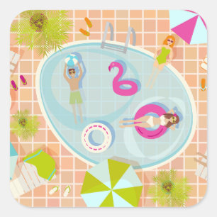 Bikini girls and guys playing swimming pool game square sticker