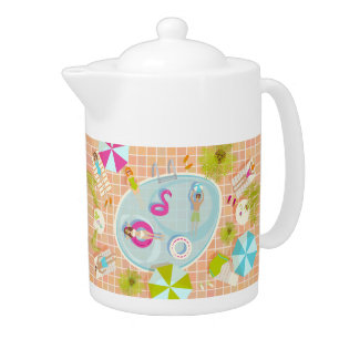 Bikini girls and guys playing swimming pool game teapot